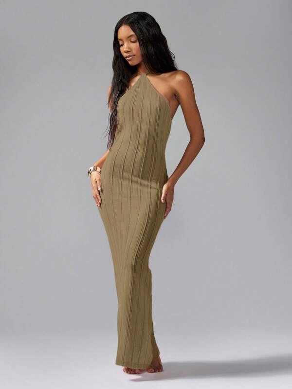 MISSGUIDED Ribbed Knit Halter Neck Bodycon Long Dress