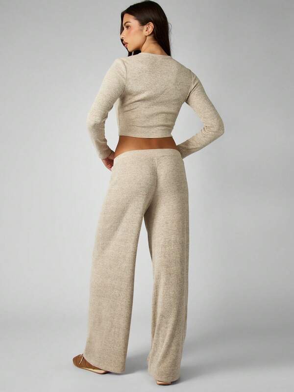 MISSGUIDED Ribbed Knit Henley Top With Wide Leg Pants Set