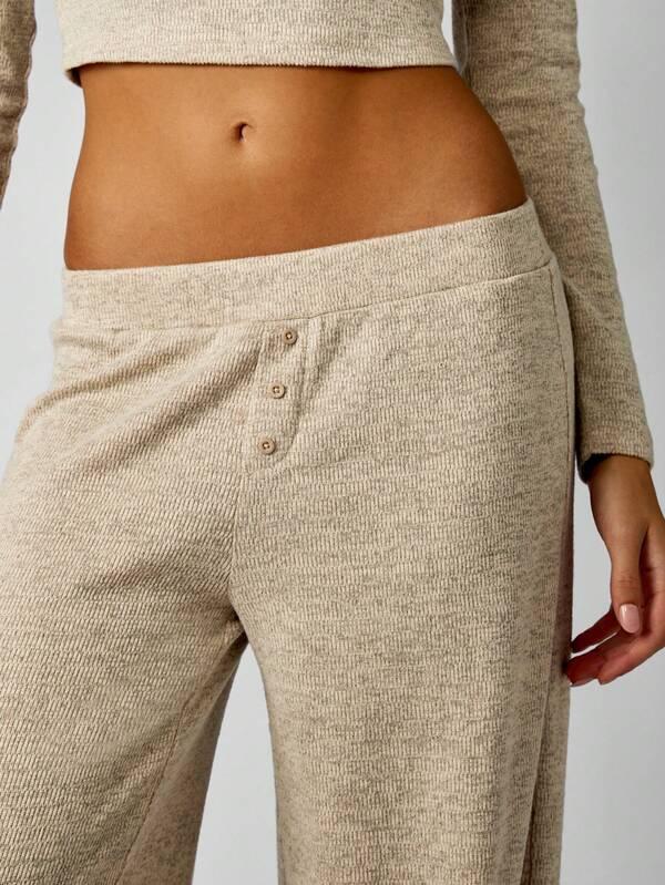 MISSGUIDED Ribbed Knit Henley Top With Wide Leg Pants Set