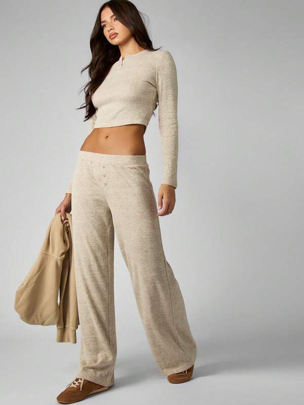 MISSGUIDED Ribbed Knit Henley Top With Wide Leg Pants Set