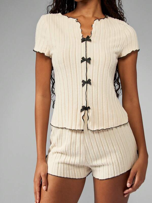 MISSGUIDED Ribbed Knit Lettuce Edge Bow Front Lounge Set