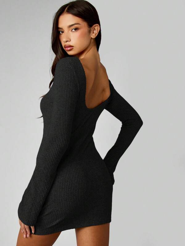 MISSGUIDED Ribbed Knit Long Sleeve Bodycon Mini Dress