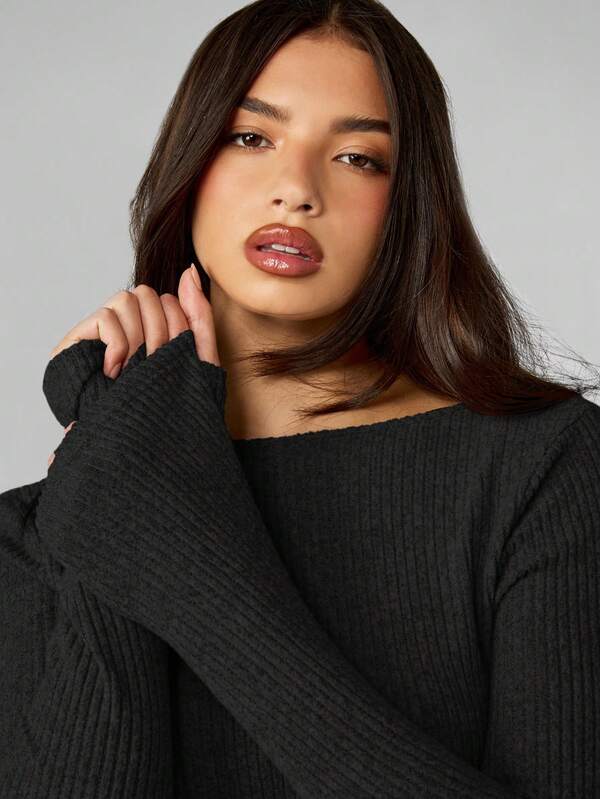MISSGUIDED Ribbed Knit Long Sleeve Bodycon Mini Dress