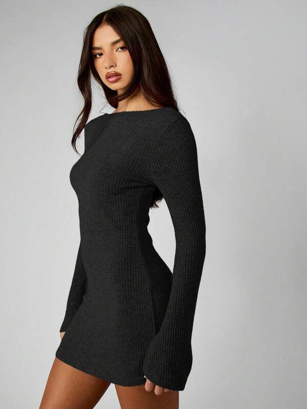 MISSGUIDED Ribbed Knit Long Sleeve Bodycon Mini Dress