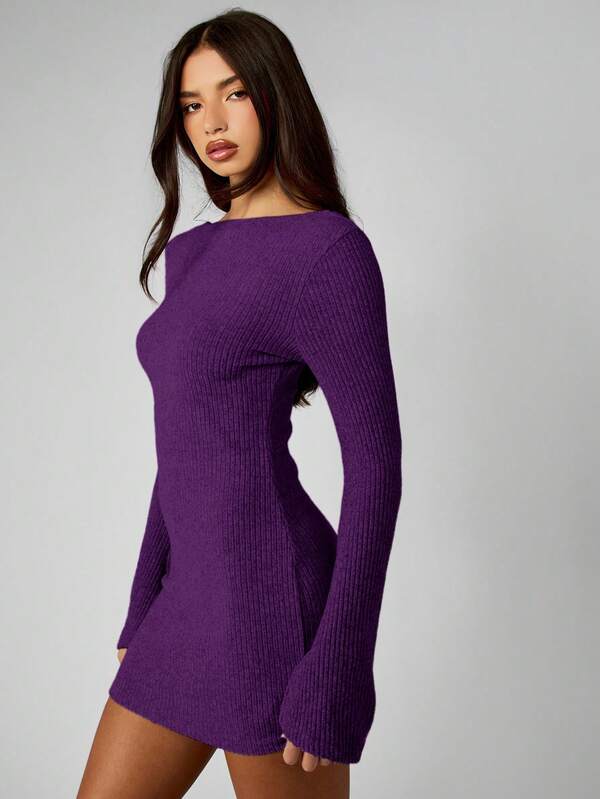 MISSGUIDED Ribbed Knit Long Sleeve Mini Dress