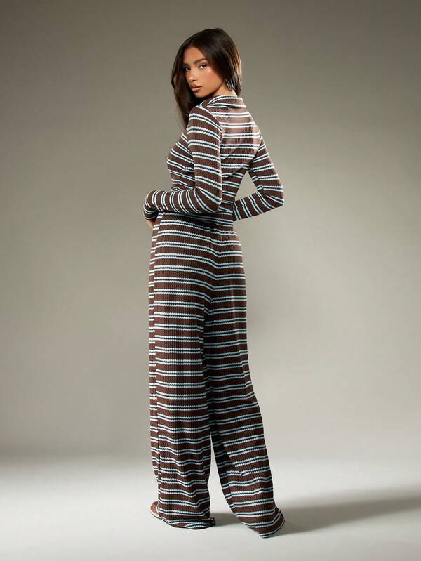 MISSGUIDED Ribbed Knit Long Sleeve Top With Wide Leg Pants Set