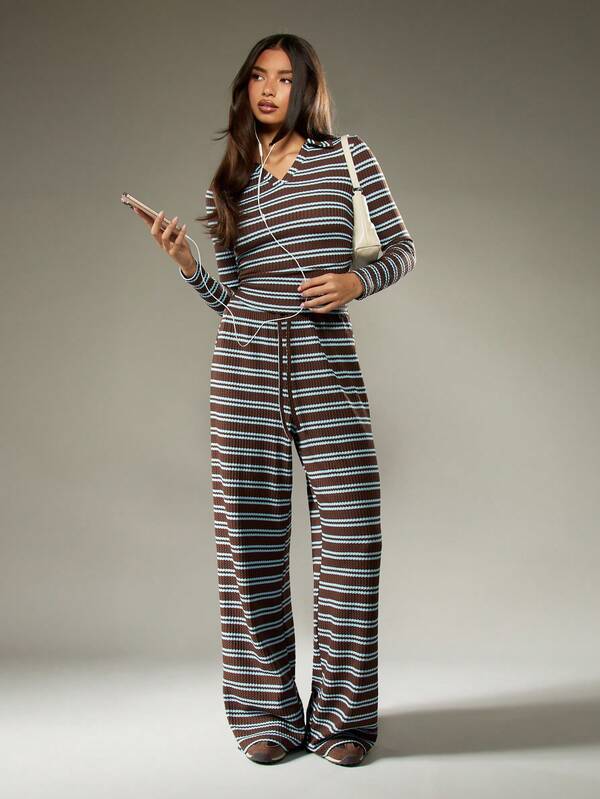 MISSGUIDED Ribbed Knit Long Sleeve Top With Wide Leg Pants Set