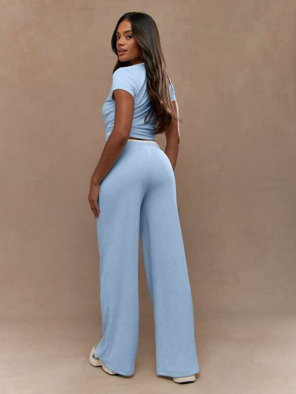 MISSGUIDED Ribbed Knit Matching Crop Top Wide Leg Pants Two Piece