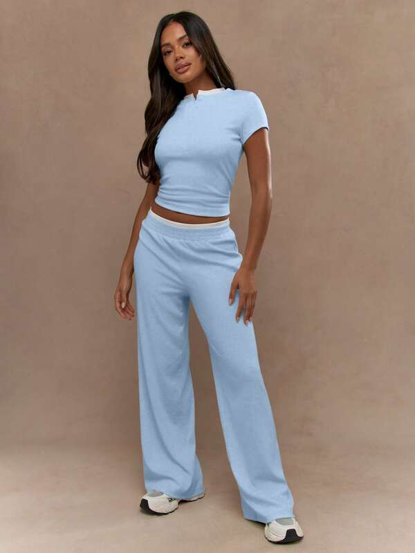 MISSGUIDED Ribbed Knit Matching Crop Top Wide Leg Pants Two Piece