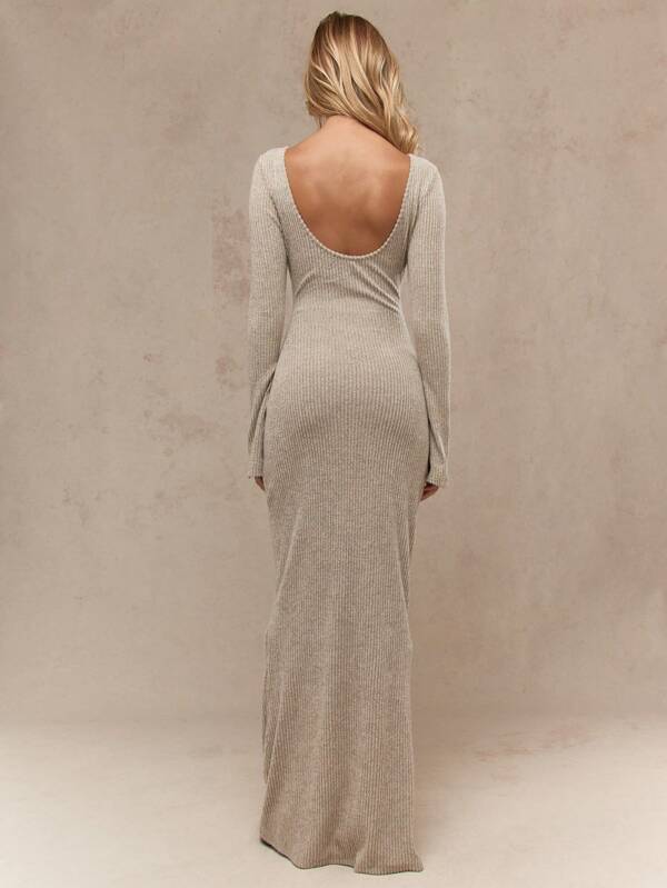 MISSGUIDED Ribbed Knit Maxi Dress With Bell Sleeves And Open Back