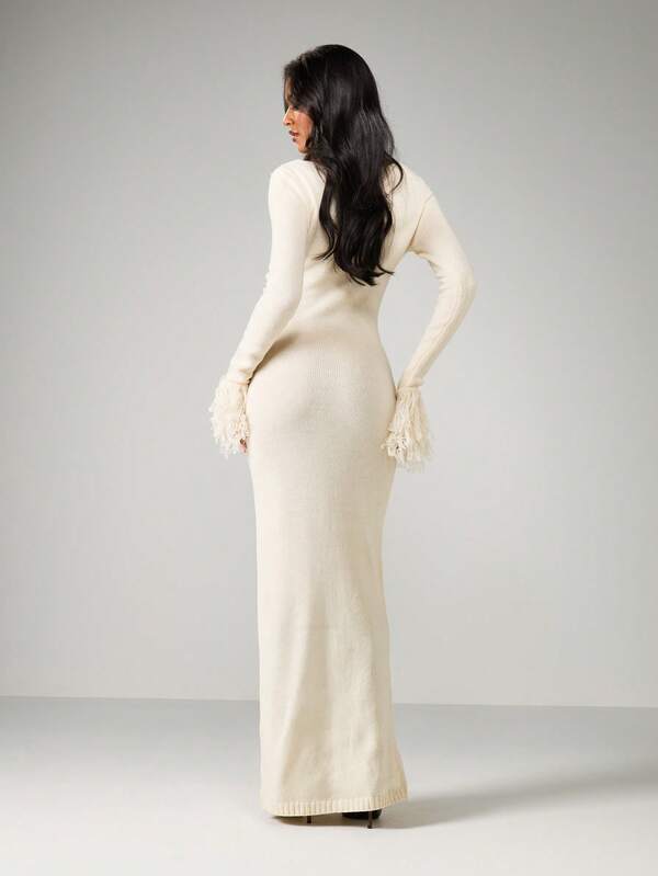MISSGUIDED Ribbed Knit Maxi Dress With Feather Cuffs
