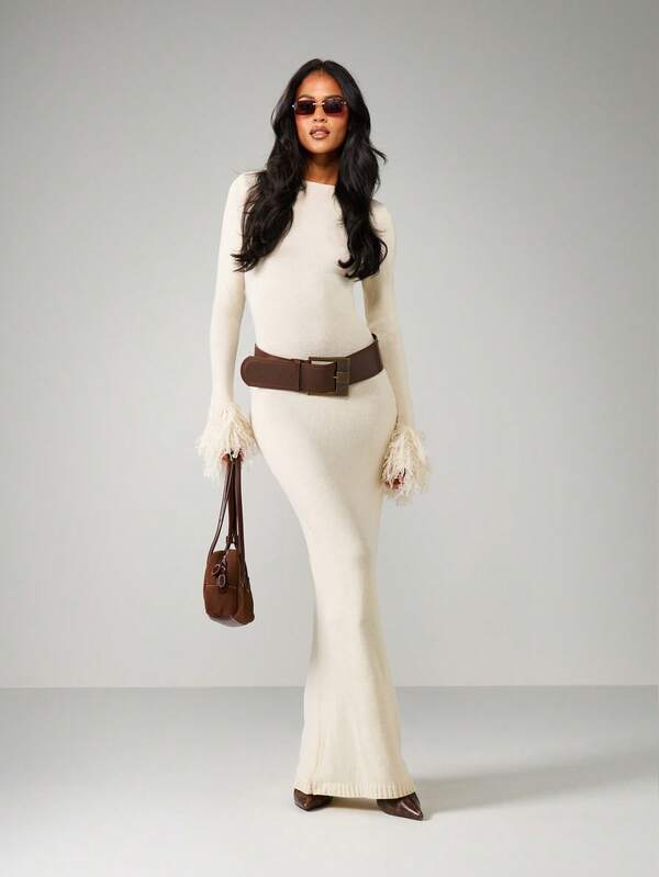 MISSGUIDED Ribbed Knit Maxi Dress With Feather Cuffs