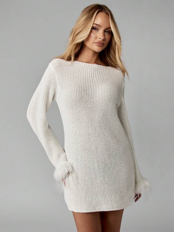 MISSGUIDED Ribbed Knit Mini Dress With Fur Cuffs