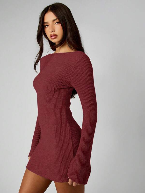 MISSGUIDED Ribbed Knit Off Shoulder Mini Dress