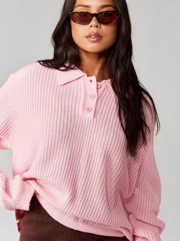MISSGUIDED Ribbed Knit Polo Sweater With Buttons