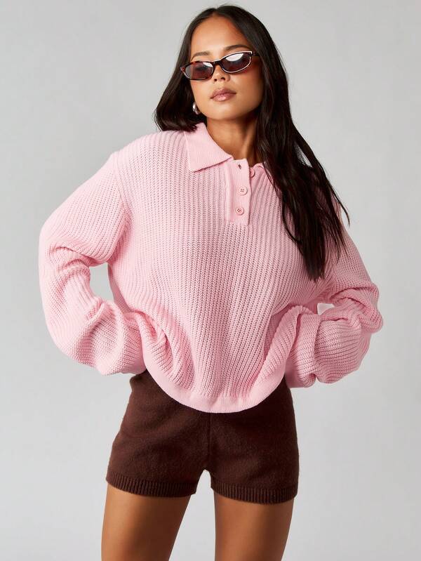 MISSGUIDED Ribbed Knit Polo Sweater With Buttons