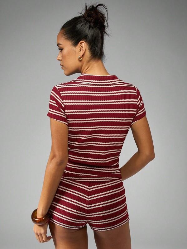 MISSGUIDED Ribbed Knit Polo Top And Fitted Shorts Coordinate Set