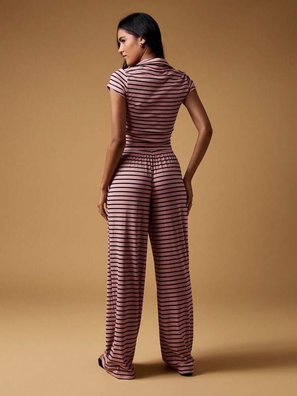 MISSGUIDED Ribbed Knit Polo Top And Wide Leg Pants Set