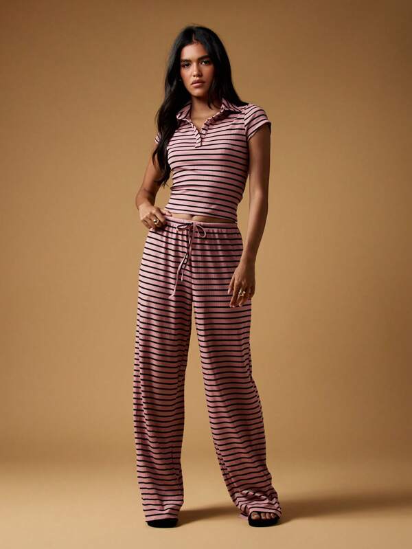 MISSGUIDED Ribbed Knit Polo Top And Wide Leg Pants Set