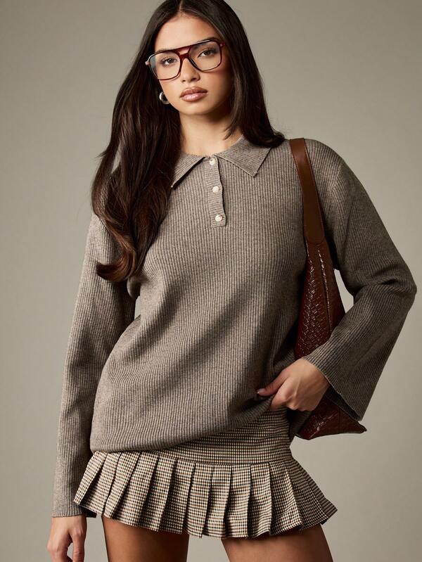 MISSGUIDED Ribbed Knit Polo Top With Button Front