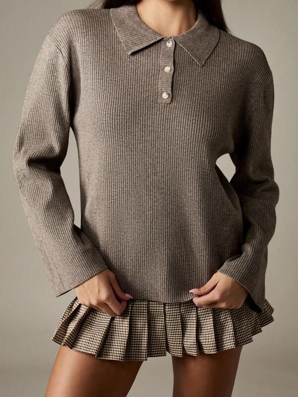 MISSGUIDED Ribbed Knit Polo Top With Button Front