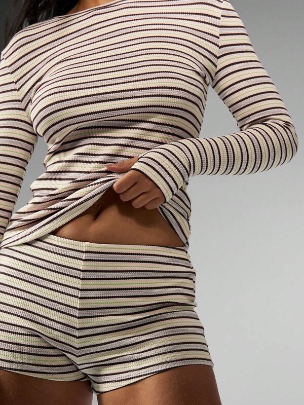 MISSGUIDED Ribbed Knit Striped Crop Top And Shorts Set