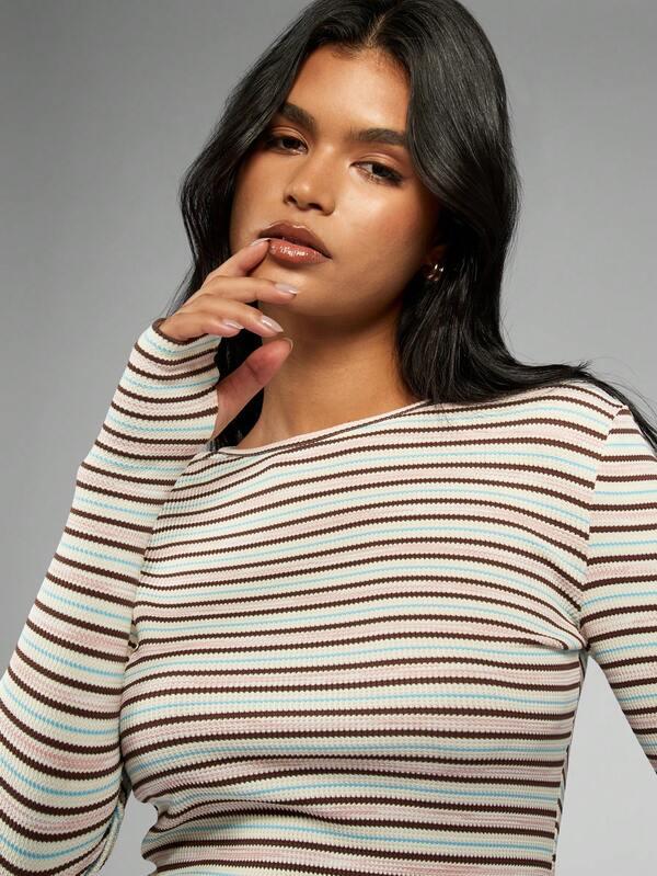 MISSGUIDED Ribbed Knit Striped Long Sleeve Crop Top High Waist Shorts Set