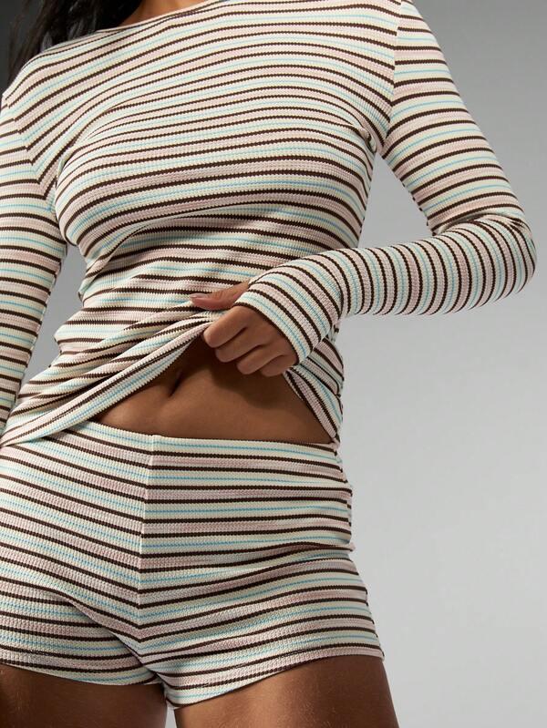 MISSGUIDED Ribbed Knit Striped Long Sleeve Crop Top High Waist Shorts Set