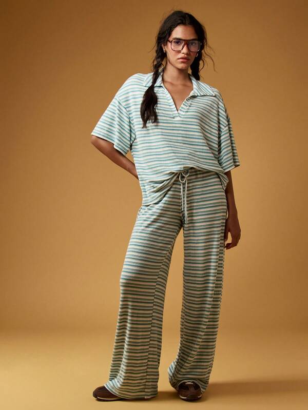 MISSGUIDED Ribbed Knit Striped Wide Leg Two-Piece Outfit
