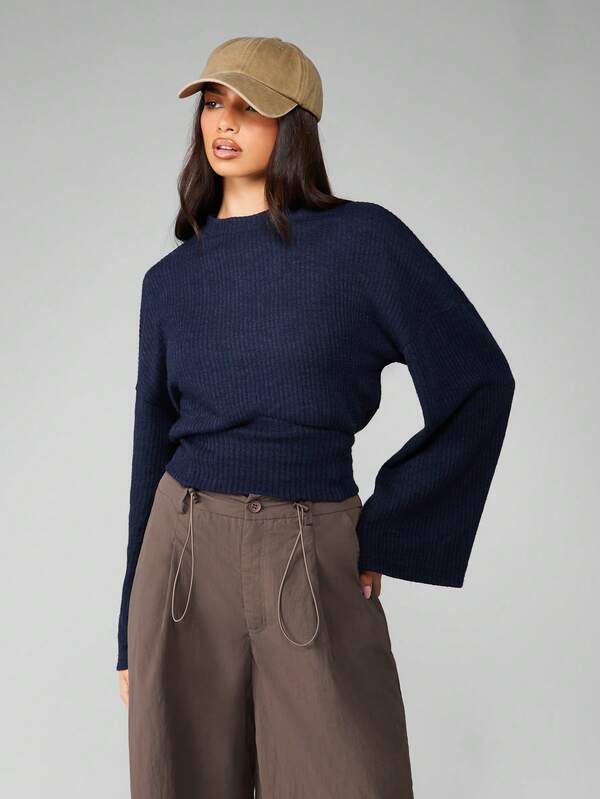 MISSGUIDED Ribbed Knit Sweater With Bell Sleeves And Mock Neck