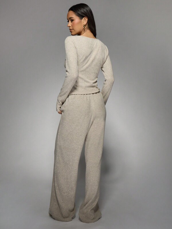 MISSGUIDED Ribbed Knit Wide Leg Two Piece Set
