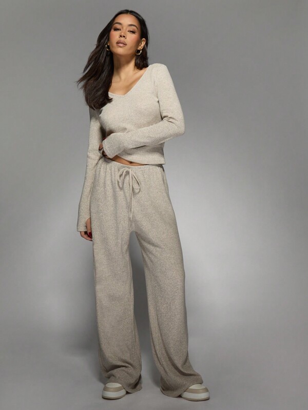 MISSGUIDED Ribbed Knit Wide Leg Two Piece Set