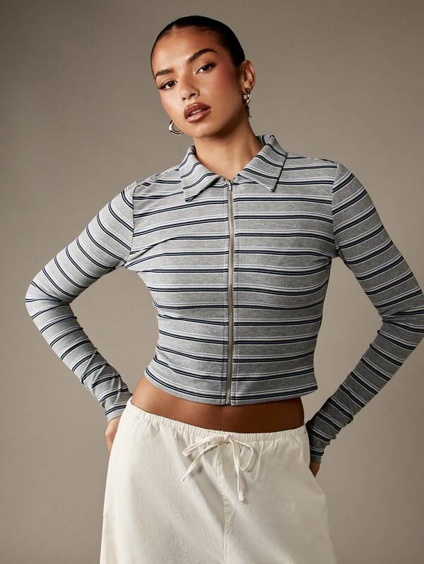 MISSGUIDED Ribbed Knit Zip Through Cardigan With Collar And Long Sleeves