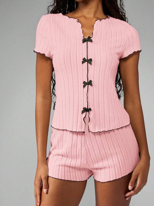 MISSGUIDED Ribbed Lettuce Edge Bow Front Lounge Set