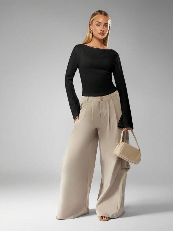 MISSGUIDED Ribbed Long Sleeve Boat Neck Top