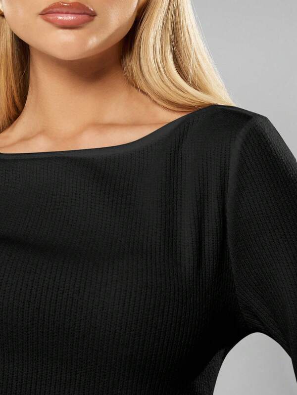MISSGUIDED Ribbed Long Sleeve Boat Neck Top