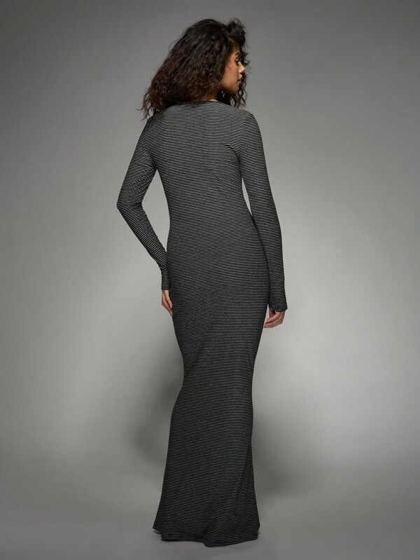 MISSGUIDED Ribbed Long Sleeve Bodycon Striped Floor Length Maxi Dress