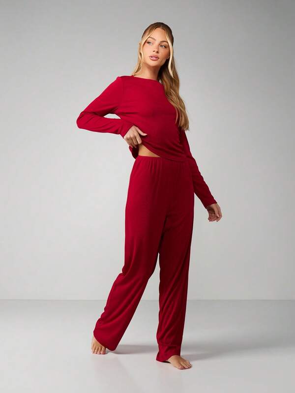 MISSGUIDED Ribbed Long Sleeve Top And Pants Set