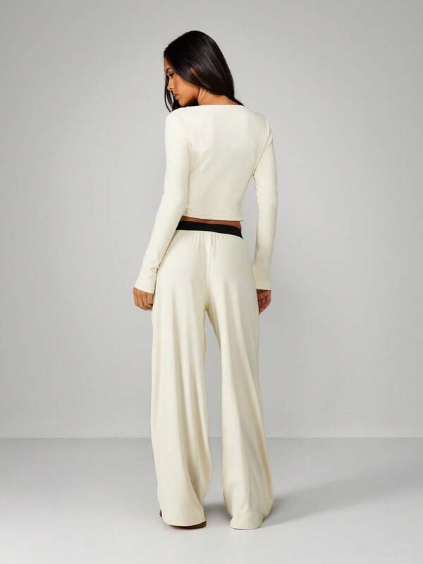 MISSGUIDED Ribbed Lounge Set With Ruched Front And Wide Leg