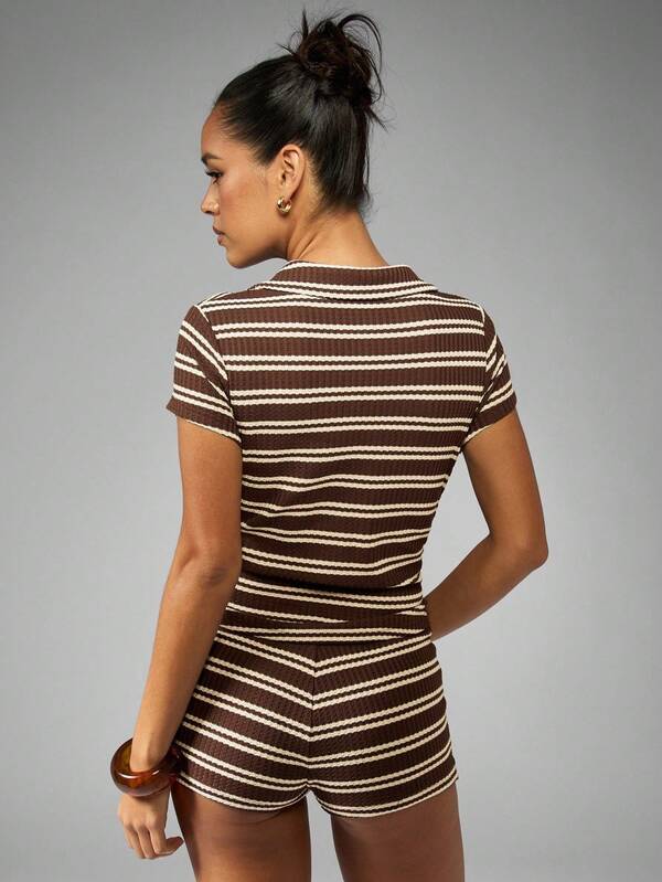 MISSGUIDED Ribbed Polo Collar Top And Shorts Coord Set