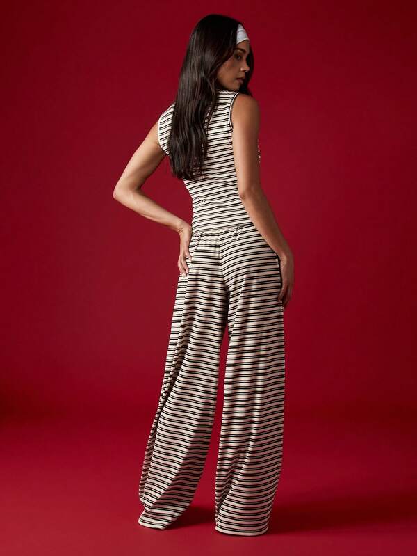 MISSGUIDED Ribbed Striped Button Through Co Ord With Wide Leg Pants
