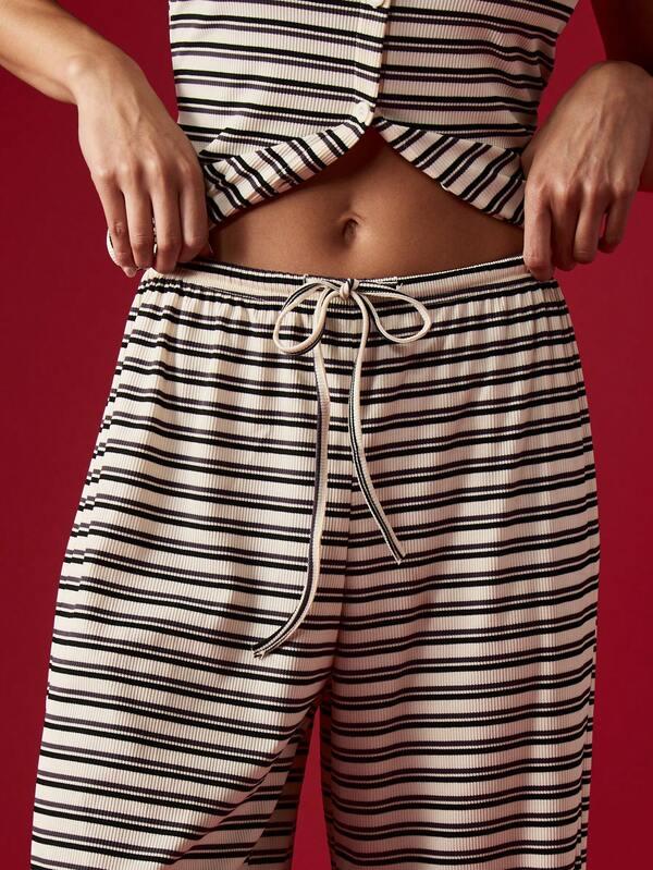 MISSGUIDED Ribbed Striped Button Through Co Ord With Wide Leg Pants