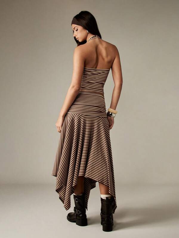 MISSGUIDED Ribbed Striped Crop Top And Asymmetric Skirt Set
