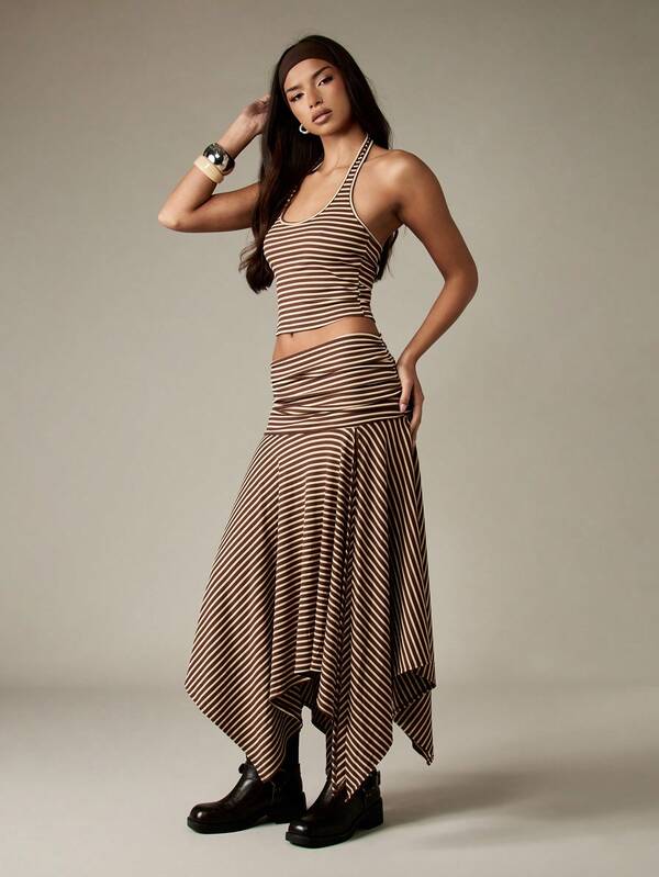 MISSGUIDED Ribbed Striped Crop Top And Asymmetric Skirt Set