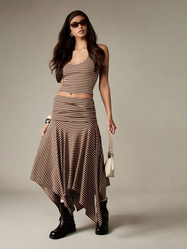 MISSGUIDED Ribbed Striped Crop Top And Asymmetric Skirt Set