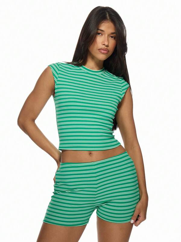 MISSGUIDED Ribbed Striped Crop Top And Biker Shorts Set