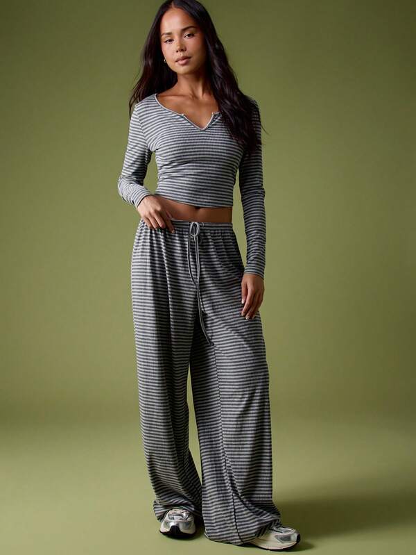 MISSGUIDED Ribbed Striped Crop Top With Wide Leg Palazzo Pants