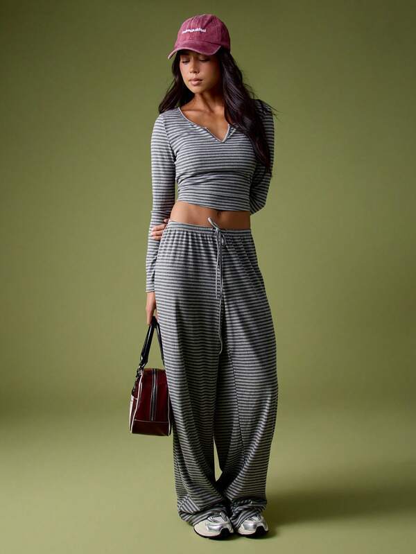 MISSGUIDED Ribbed Striped Crop Top With Wide Leg Palazzo Pants