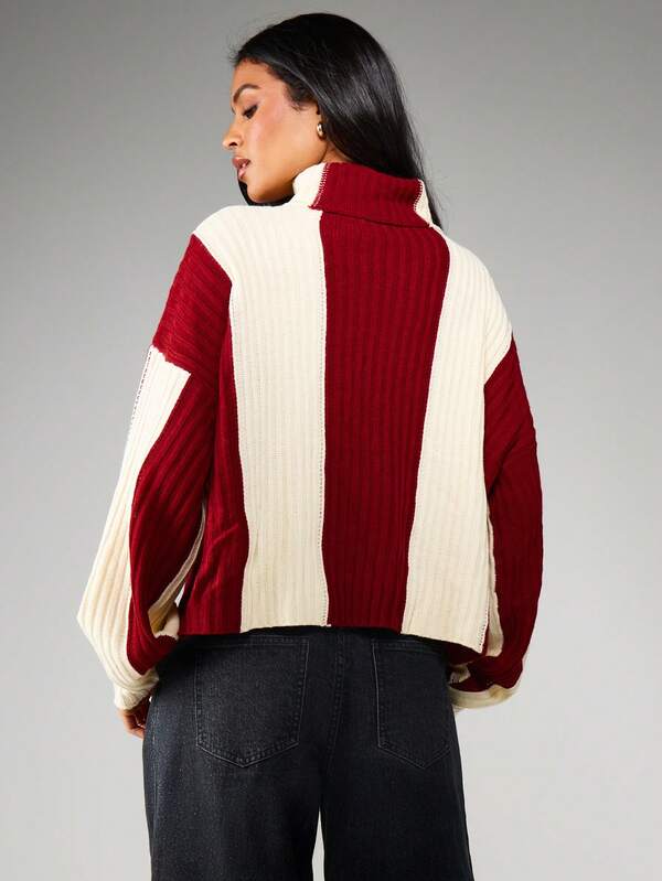 MISSGUIDED Ribbed Turtleneck Color Block Balloon Sleeve Sweater