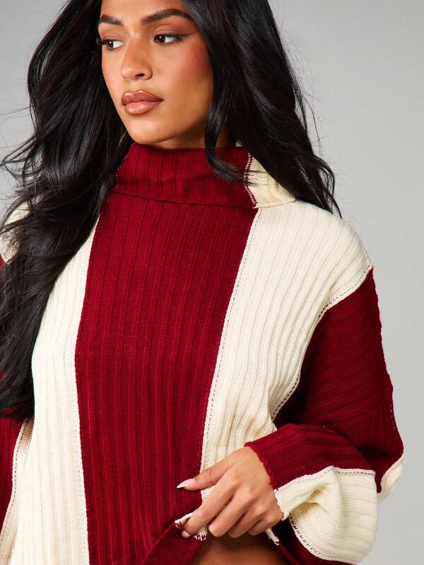 MISSGUIDED Ribbed Turtleneck Color Block Balloon Sleeve Sweater